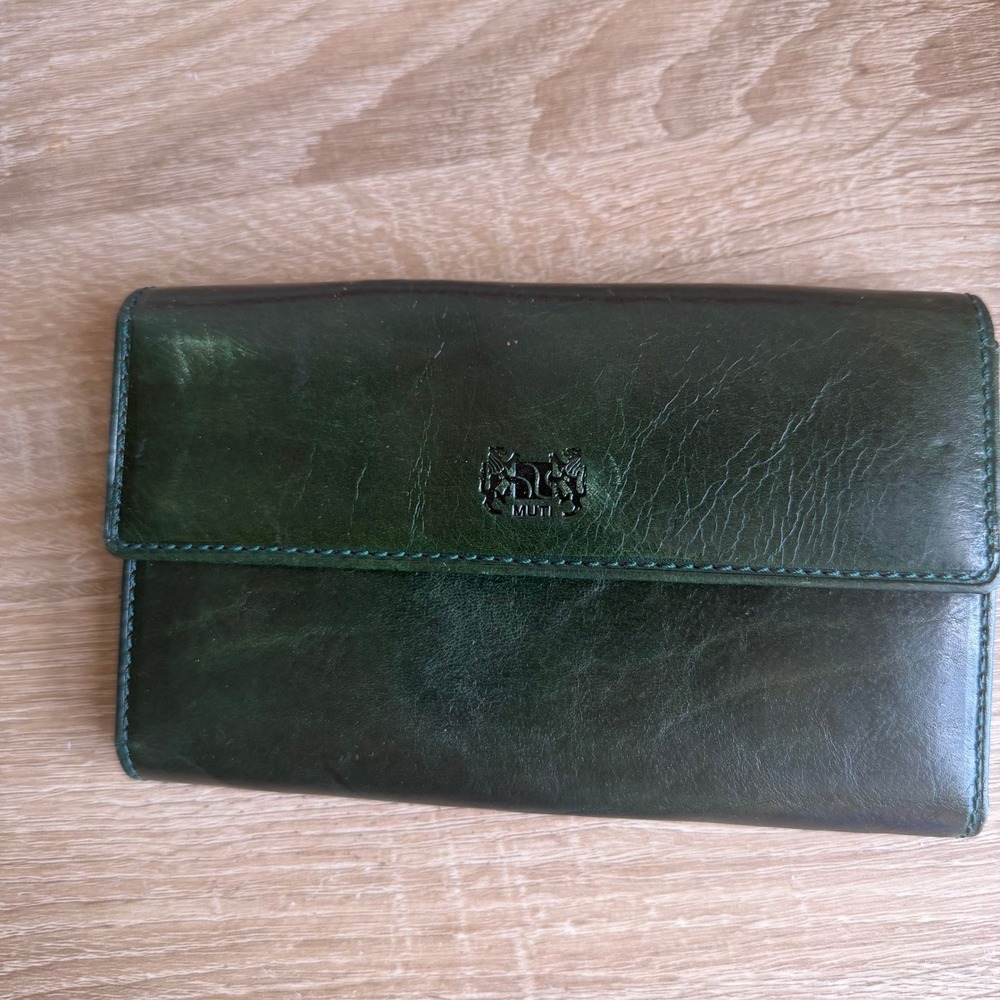 Muti Italian Leather Tri-Fold Wallet‎ Forest Green Gold Snap Creazioni Italiane